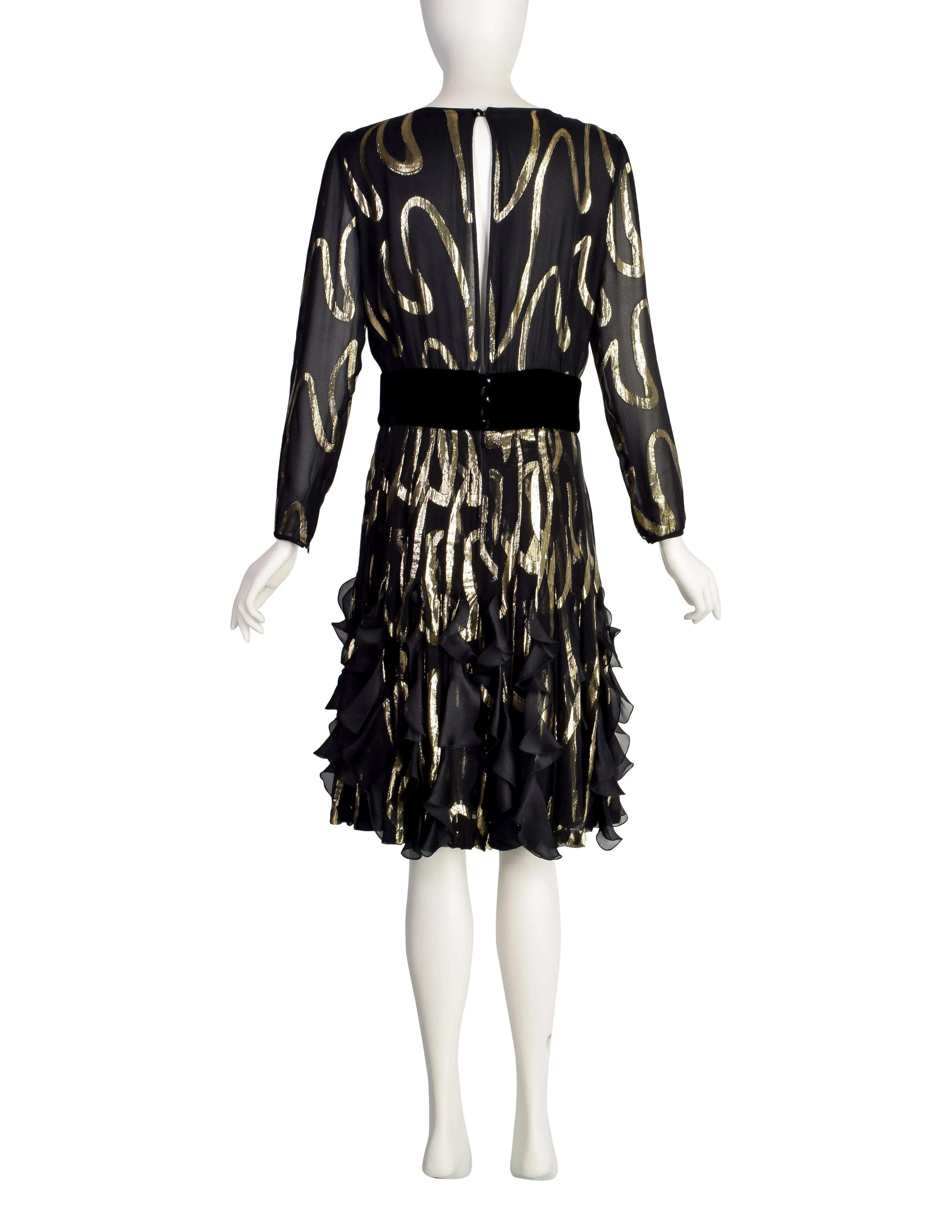 Valentino Vintage Black Silk Chiffon and Gold Lurex Flutter Ruffle Party Dress