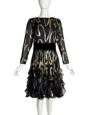 Valentino Vintage Black Silk Chiffon and Gold Lurex Flutter Ruffle Party Dress