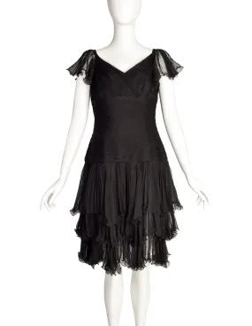 Valentino Vintage Black Silk Chiffon Pleated Black Dress