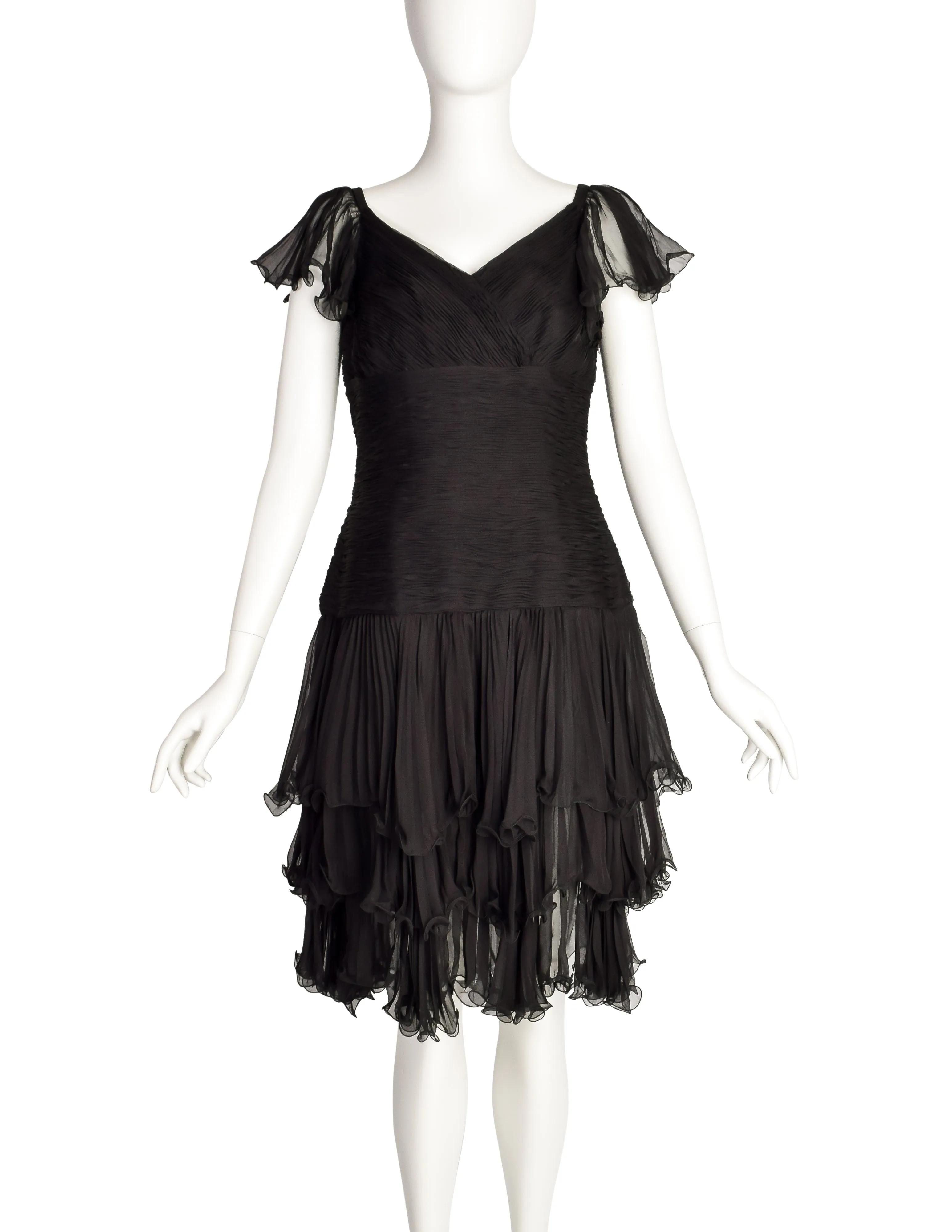 Valentino Vintage Black Silk Chiffon Pleated Black Dress