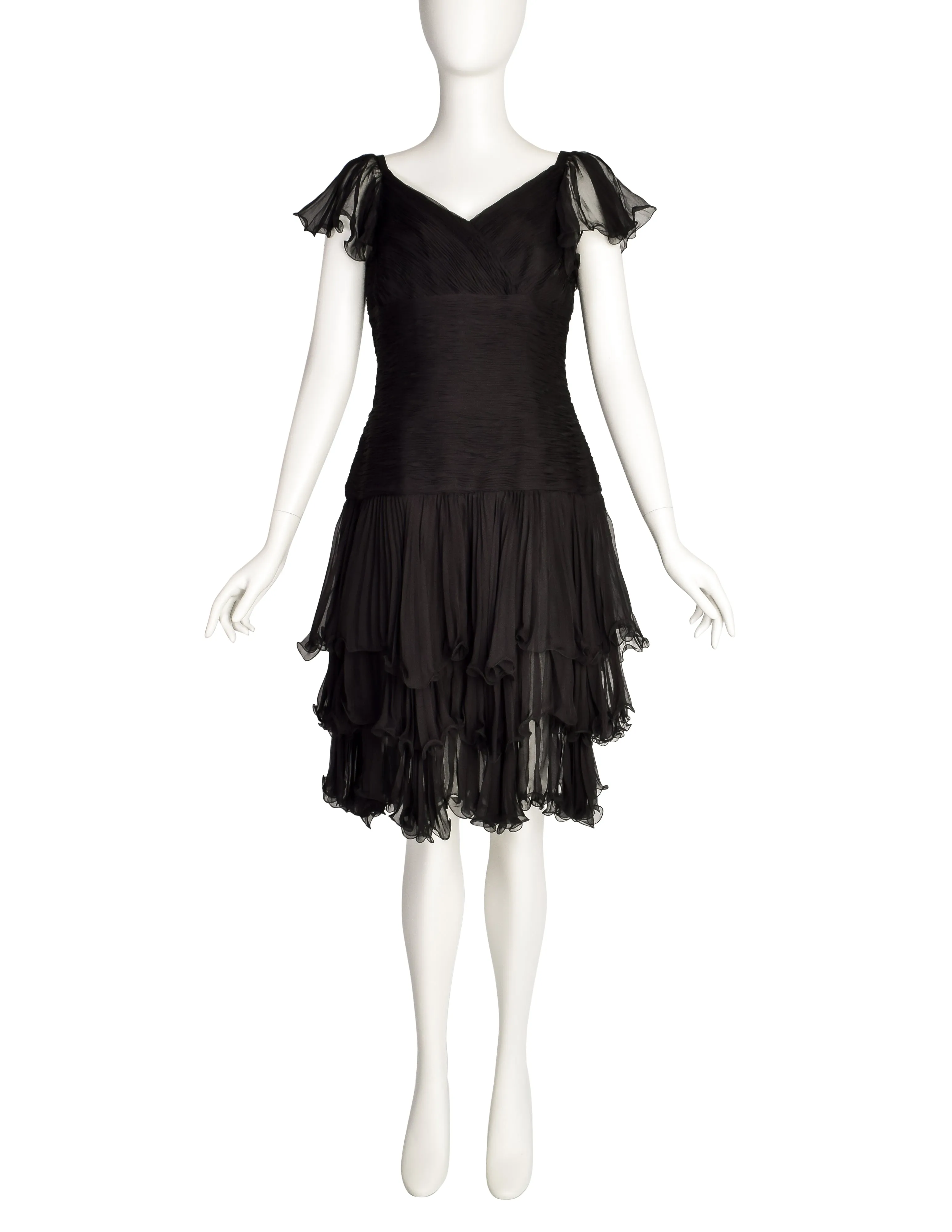 Valentino Vintage Black Silk Chiffon Pleated Black Dress