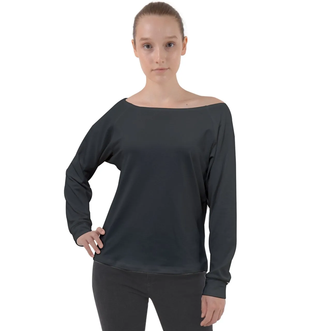 Vampire Art Grunge Essentials Off Shoulder Long Sleeve Velour Top - Charcoal