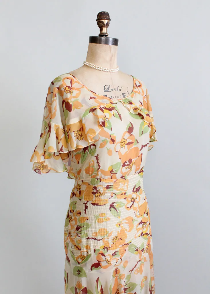 Vintage 1930s Floral Chiffon Summer Party Dress