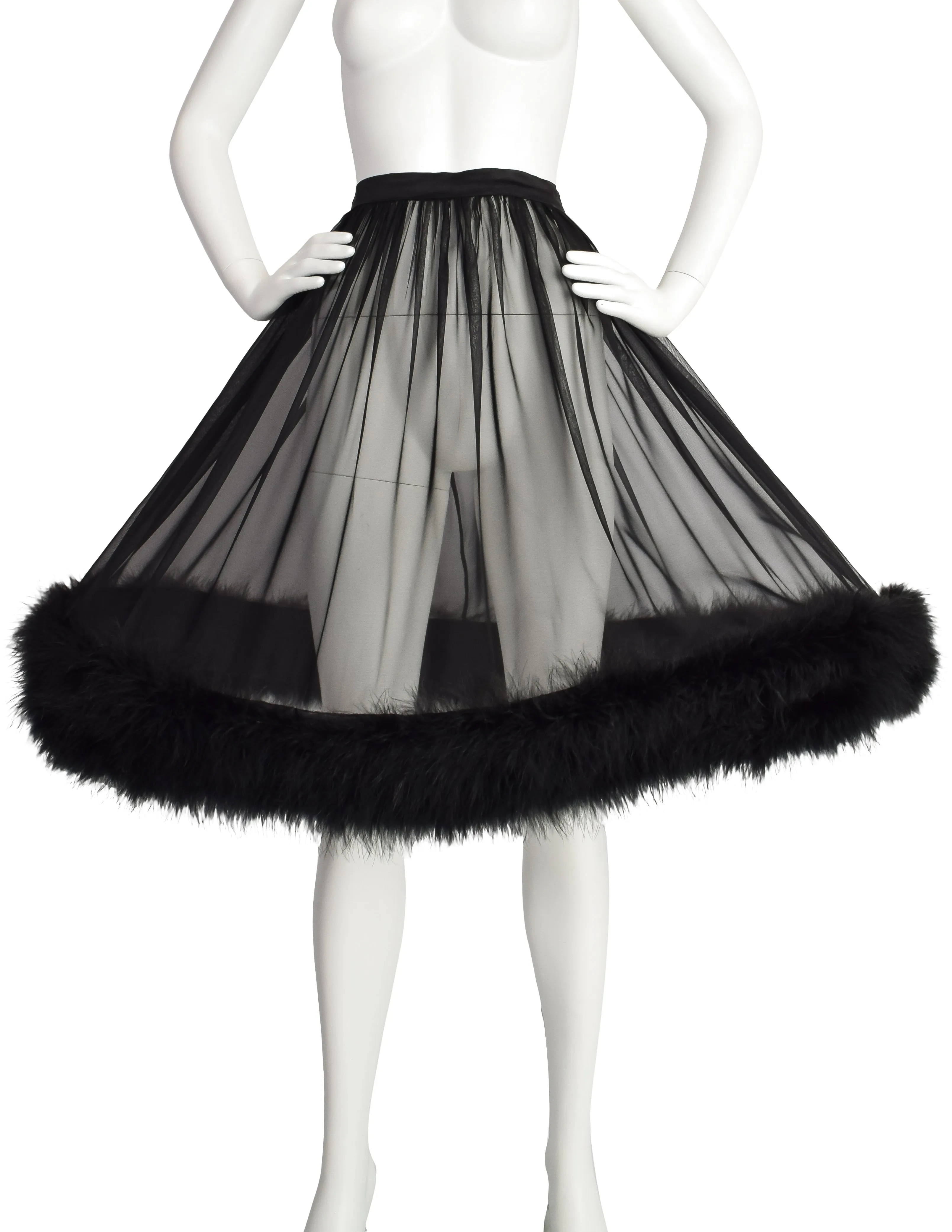 Vintage 1950s Black Chiffon Marabou Feather Trim Petticoat Skirt