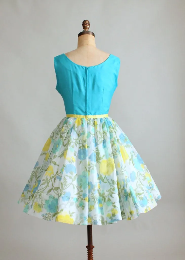 Vintage 1960s Blue and Yellow Summer Party Dress