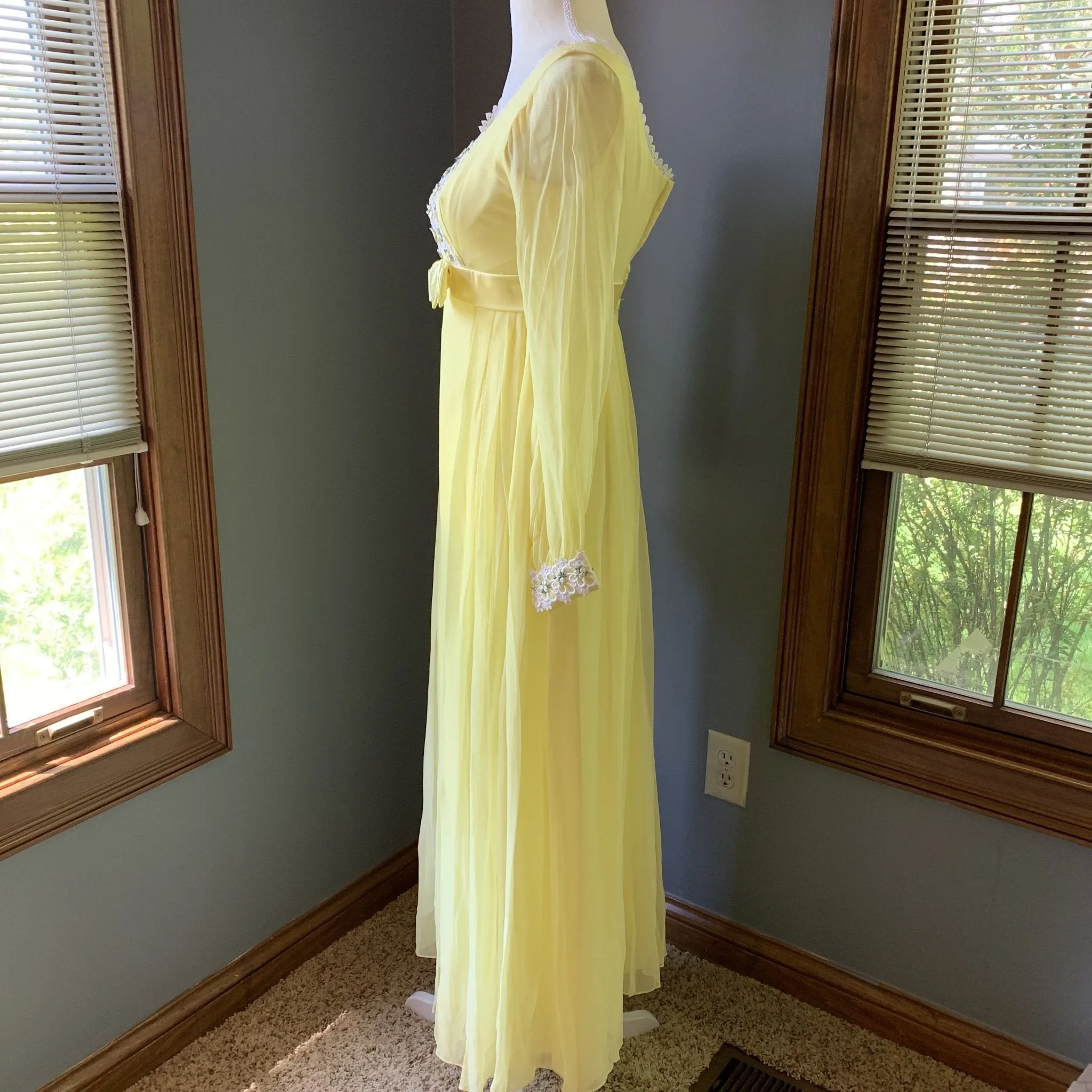 Vintage 1960s Yellow Chiffon Maxi Boho Dress. Lace Accents for Saks Fifth Ave. Festival Dress