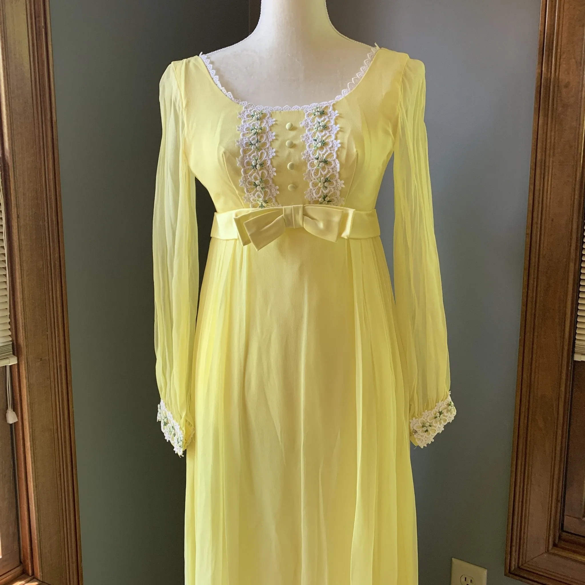 Vintage 1960s Yellow Chiffon Maxi Boho Dress. Lace Accents for Saks Fifth Ave. Festival Dress