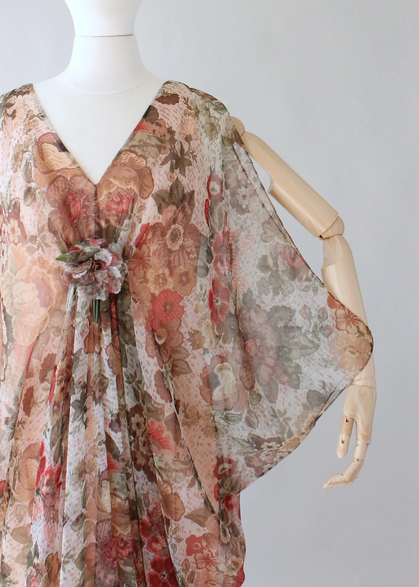 Vintage 1970s Open Sleeve Floral Chiffon Caftan Dress