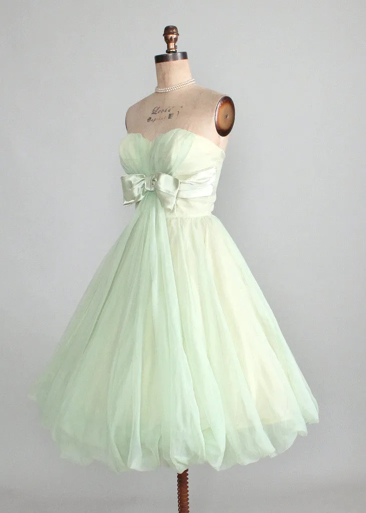 Vintage Early 1960s Minty Green Strapless Prom Dress