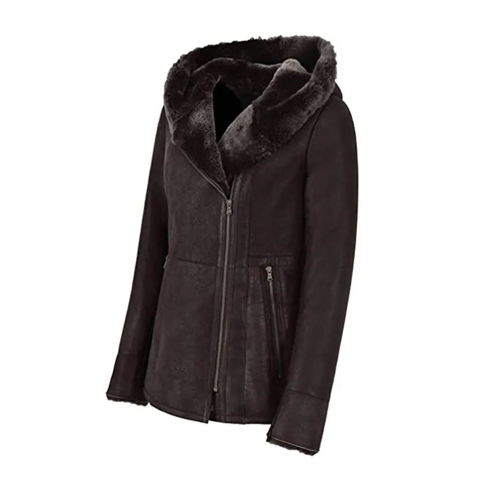 WOMENS HOODED FUR SHEARLING LONG JACKET